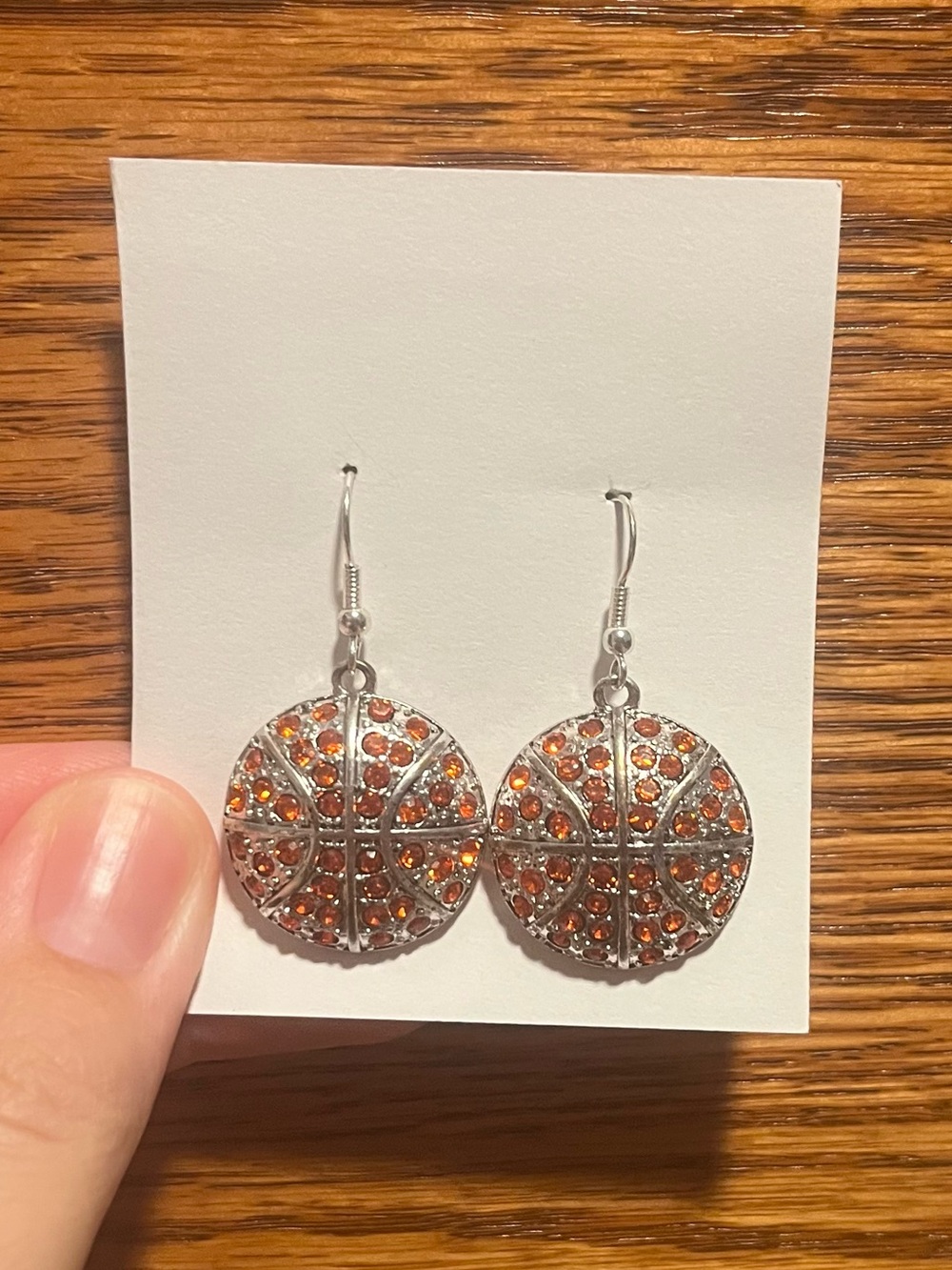 Silver Basketball Hoop Drop Earrings with Orange Crystals - Women Jewelry